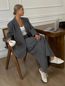Livesso Petite Women's Solid Color Lapel Neck Long Sleeve Jacket And Skirt Casual 2 Pieces Set Fall - Grey - View 4