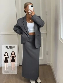 Livesso Petite Women's Solid Color Lapel Neck Long Sleeve Jacket And Skirt Casual 2 Pieces Set Fall - Grey - View 1