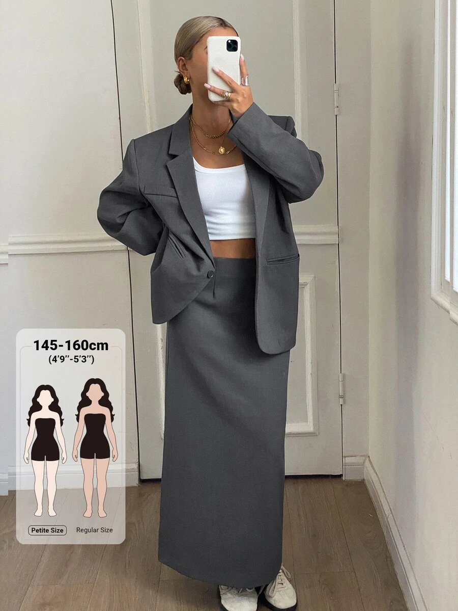 Livesso Petite Women's Solid Color Lapel Neck Long Sleeve Jacket And Skirt Casual 2 Pieces Set Fall - Grey - View 1