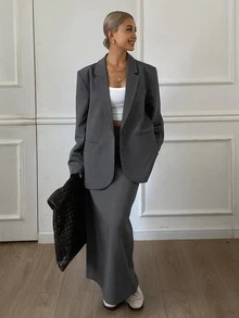 Livesso Petite Women's Solid Color Lapel Neck Long Sleeve Jacket And Skirt Casual 2 Pieces Set Fall - Grey - View 5