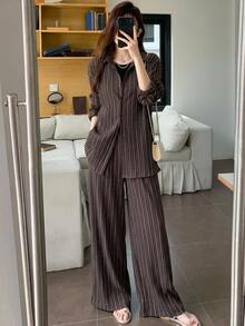 Livesso Petite Women's Striped Long Sleeve Top And Pants Casual Daily 2 Pieces Set Fall - Brown - View 9