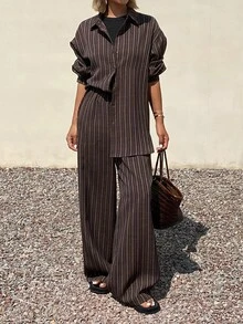 Livesso Petite Women's Striped Long Sleeve Top And Pants Casual Daily 2 Pieces Set Fall - Brown - View 5