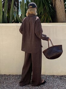 Livesso Petite Women's Striped Long Sleeve Top And Pants Casual Daily 2 Pieces Set Fall - Brown - View 2