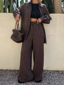 Livesso Petite Women's Striped Long Sleeve Top And Pants Casual Daily 2 Pieces Set Fall - Brown - View 10