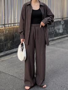 Livesso Petite Women's Striped Long Sleeve Top And Pants Casual Daily 2 Pieces Set Fall - Brown - View 8