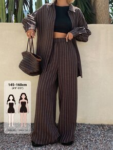 Livesso Petite Women's Striped Long Sleeve Top And Pants Casual Daily 2 Pieces Set Fall - Brown - View 1