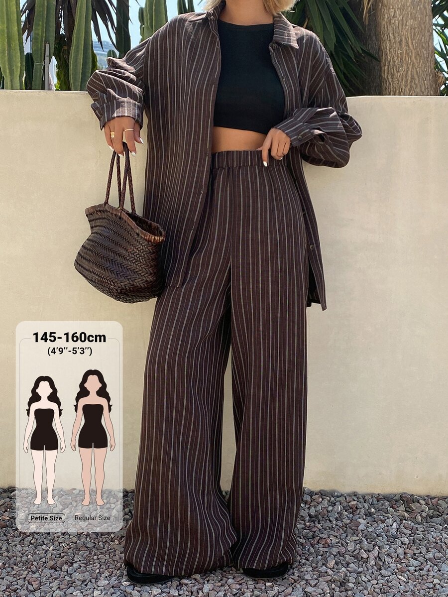 Livesso Petite Women's Striped Long Sleeve Top And Pants Casual Daily 2 Pieces Set Fall - Brown - View 1
