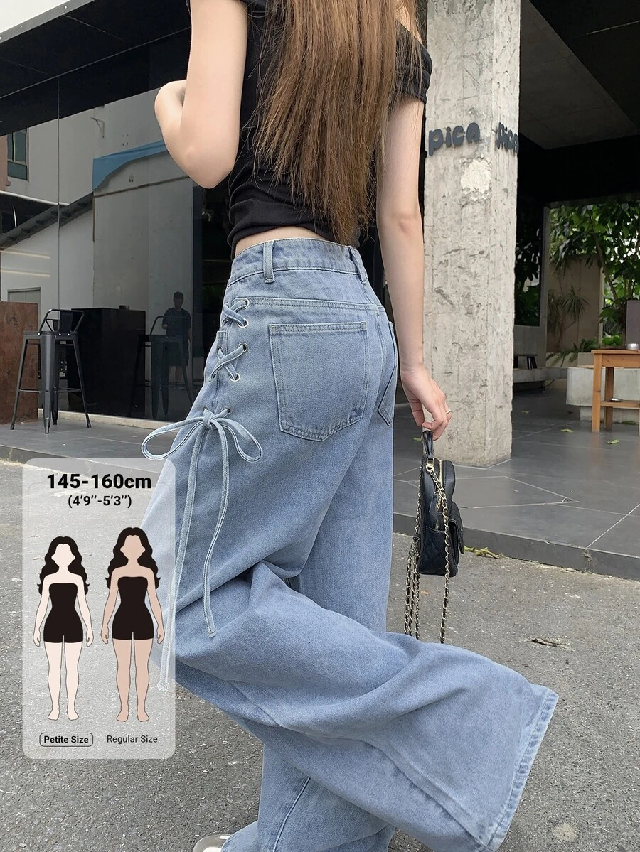 DAZY Women's Side Eyelet Lace-Up Wide Leg Casual Denim Jeans Cute Tops - Blue - View 1