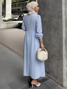 DAZY Women's Solid Color Round Neck Long Sleeve Side Knot Casual Midi Dress Fall - Blue - View 2