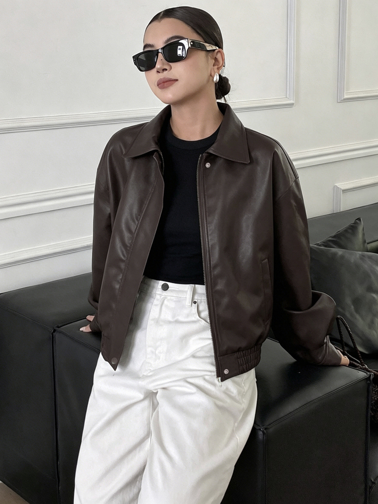 Livesso Petite Women's Solid Color PU Leather Zipper Casual Versatile Daily Travel Long Sleeve Leather Jacket Fall - Brown - View 6