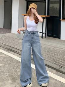 DAZY 女款休閒百搭日常旅行牛仔褲，附口袋與鈕扣，可愛上衣 - 藍色 - 查看 4