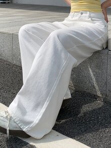DAZY 女款寬腿鬆垮休閒百搭牛仔褲附口袋，搭配可愛上衣 - 白色 - 查看 10