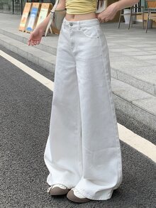 DAZY 女款寬腿鬆垮休閒百搭牛仔褲附口袋，搭配可愛上衣 - 白色 - 查看 7