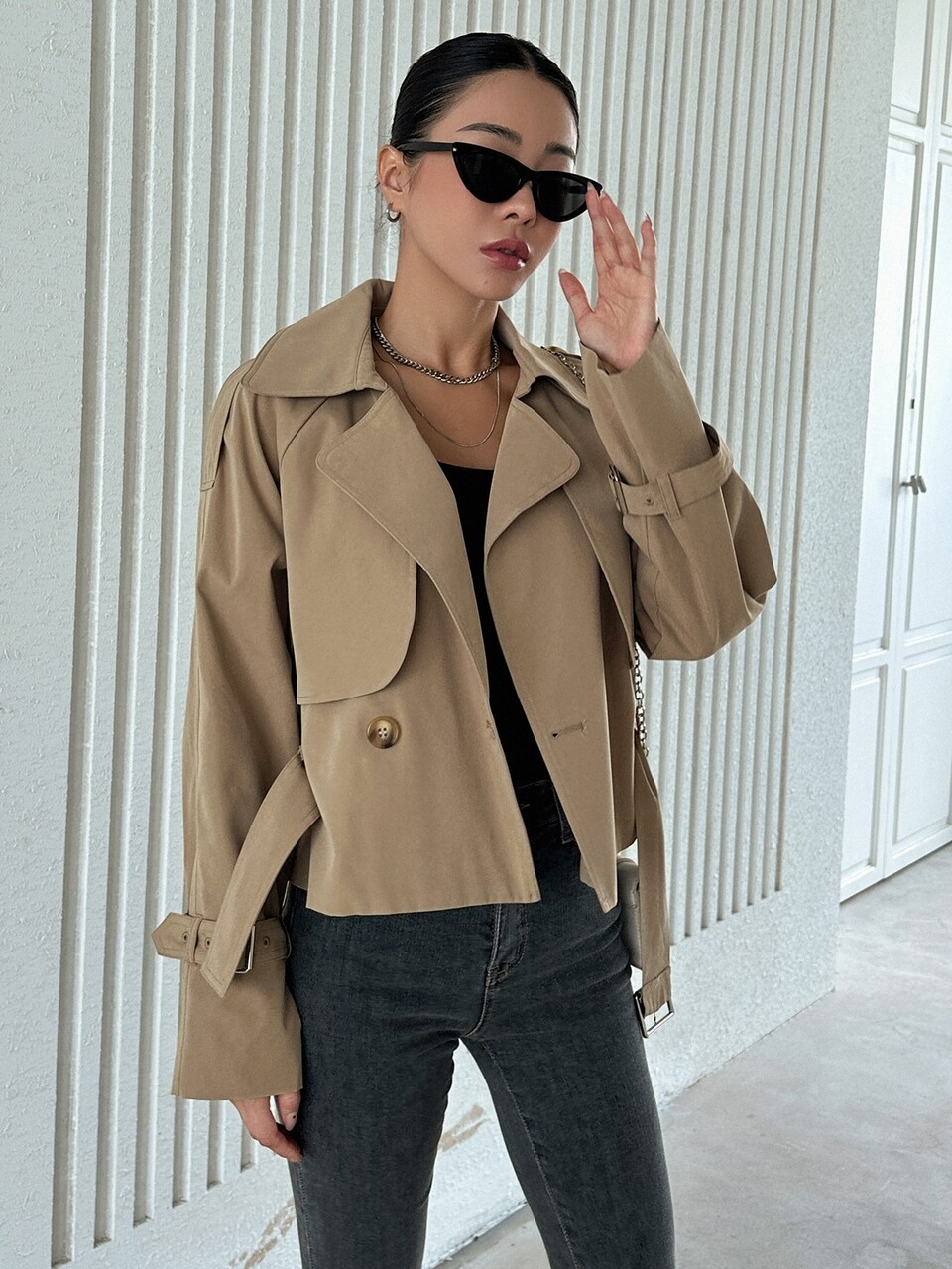 Women's Solid Color Raglan Sleeve Double-Breasted Casual Trench Coat Fall