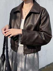 Livesso Petite Women's Solid Color PU Leather Zipper Casual Versatile Everyday Jacket Fall - Brown - View 6