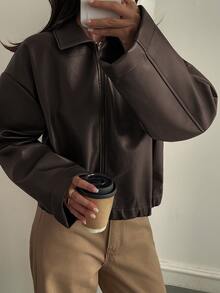 Livesso Petite Women's Solid Color PU Leather Zipper Casual Versatile Everyday Jacket Fall - Brown - View 5