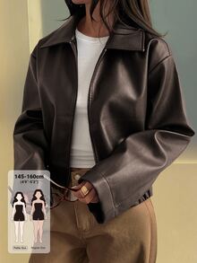Livesso Petite Women's Solid Color PU Leather Zipper Casual Versatile Everyday Jacket Fall - Brown - View 1