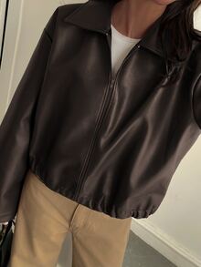 Livesso Petite Women's Solid Color PU Leather Zipper Casual Versatile Everyday Jacket Fall - Brown - View 4