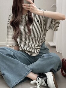 DAZY 女款韓式條紋拼接荷葉邊飾T恤，適合日常穿著 - 彩色 - 查看 3