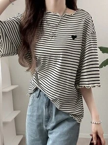 DAZY 女款韓式條紋拼接荷葉邊飾T恤，適合日常穿著 - 彩色 - 查看 5