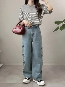 DAZY 女款韓式條紋拼接荷葉邊飾T恤，適合日常穿著 - 彩色 - 查看 4