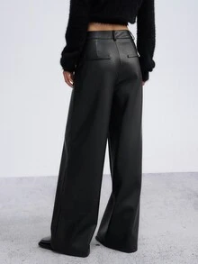 DAZY Women's Fashion Street Button Pocket PU Material Long Pants - Black - View 2