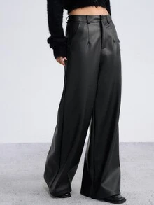 DAZY Women's Fashion Street Button Pocket PU Material Long Pants - Black - View 3