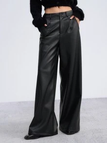 DAZY Women's Fashion Street Button Pocket PU Material Long Pants - Black - View 4