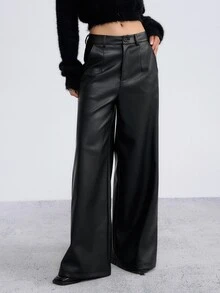 DAZY Women's Fashion Street Button Pocket PU Material Long Pants - Black - View 8