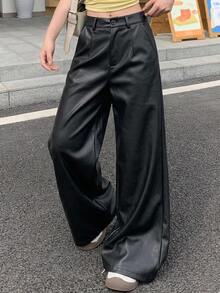 DAZY Women's Fashion Street Button Pocket PU Material Long Pants - Black - View 7