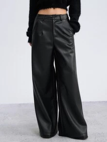 DAZY Women's Fashion Street Button Pocket PU Material Long Pants - Black - View 6
