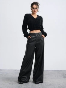 DAZY Women's Fashion Street Button Pocket PU Material Long Pants - Black - View 5