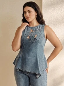 Anewsta Celana Panjang Wanita Ukuran Plus Model Baru dengan Bordir Applique Berongga, Warna Biru, Potongan Lurus dan Longgar - Biru - View 6