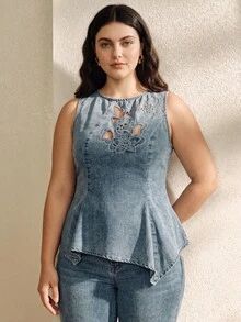 Anewsta Celana Panjang Wanita Ukuran Plus Model Baru dengan Bordir Applique Berongga, Warna Biru, Potongan Lurus dan Longgar - Biru - View 3