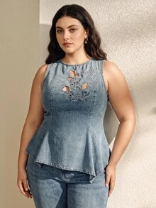 Anewsta Celana Panjang Wanita Ukuran Plus Model Baru dengan Bordir Applique Berongga, Warna Biru, Potongan Lurus dan Longgar - Biru - View 5