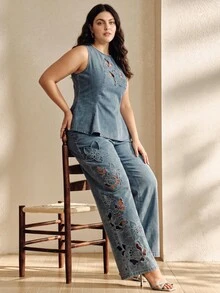 Anewsta Celana Panjang Wanita Ukuran Plus Model Baru dengan Bordir Applique Berongga, Warna Biru, Potongan Lurus dan Longgar - Biru - View 4