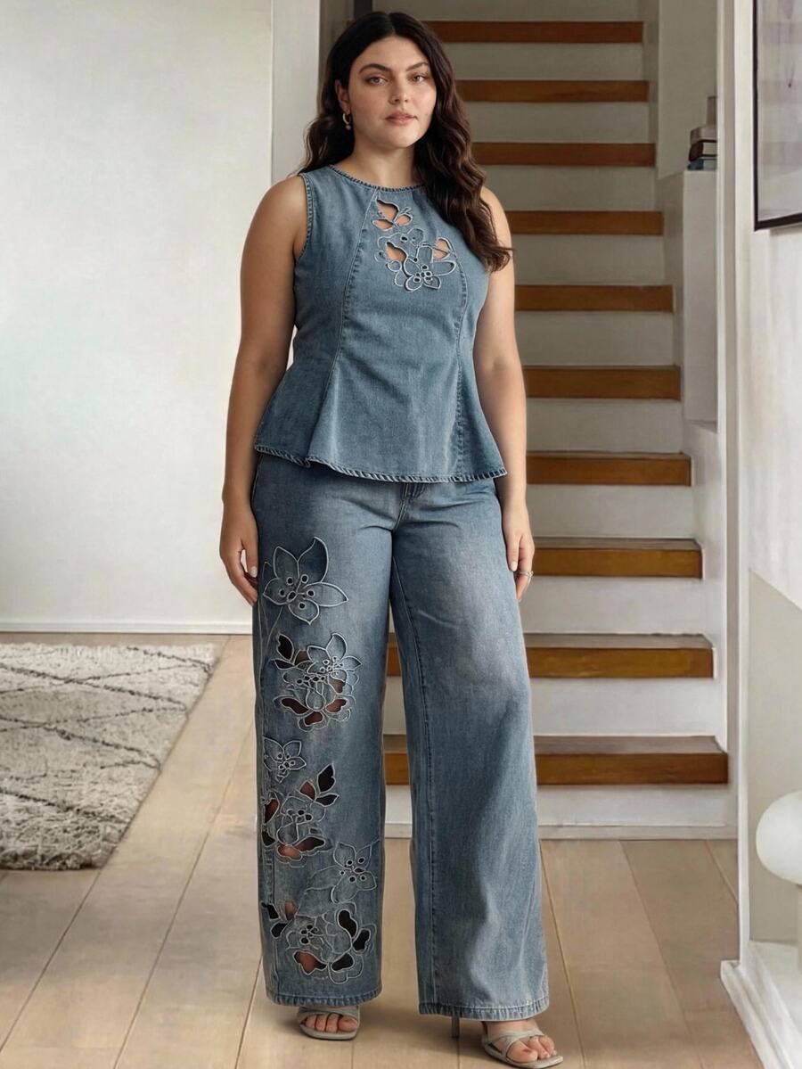 Anewsta Celana Panjang Wanita Ukuran Plus Model Baru dengan Bordir Applique Berongga, Warna Biru, Potongan Lurus dan Longgar - Biru - View 1