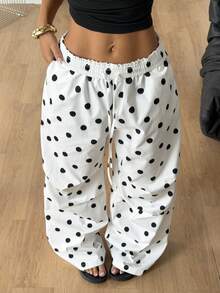 Coolane Women's Plus Size Summer Fall Going Out Gym Holiday Casual Streetwear Mid Rise Wide Leg Elastic Waistband Black Polka Dot Pocket White Pants - Black and White - View 3