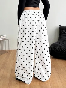 Coolane Women's Plus Size Summer Fall Going Out Gym Holiday Casual Streetwear Mid Rise Wide Leg Elastic Waistband Black Polka Dot Pocket White Pants - Black and White - View 6
