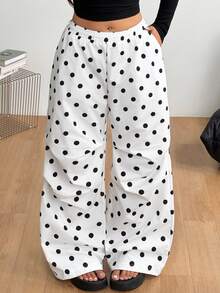 Coolane Women's Plus Size Summer Fall Going Out Gym Holiday Casual Streetwear Mid Rise Wide Leg Elastic Waistband Black Polka Dot Pocket White Pants - Black and White - View 4