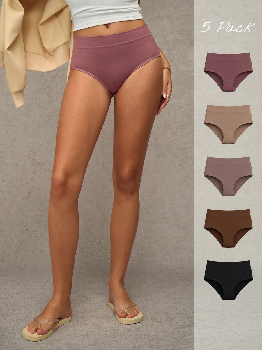 Esseday Women's Multicolor Plain Fabric Casual Stretch Briefs 5 Pack - Multicolor - View 1