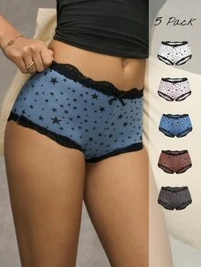 Esseday Women's Comfortable Everyday Pentagram Print Lace Patchwork Briefs - Multicolor - View 4