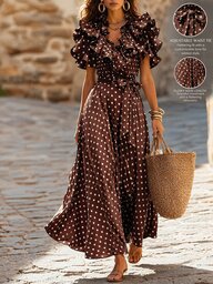SHEIN Elegant Polka Dot Women's V-Neck Ruffle Trim Waist Belt Cinched Waist Full Skirt Long Dress, Suitable For Commuting, Street Style, Party Wear, Brown Polka Dot Dress