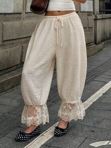 Coolane 女款大尺碼夏秋度假休閒復古優雅街頭風波西米亞套裝，寬鬆抽繩腰長褲搭配蕾絲內褲，白色早午餐穿搭 - 杏色 - 查看 3