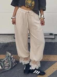 Coolane 女款大尺碼夏秋度假休閒復古優雅街頭風波西米亞套裝，寬鬆抽繩腰長褲搭配蕾絲內褲，白色早午餐穿搭 - 杏色 - 查看 8