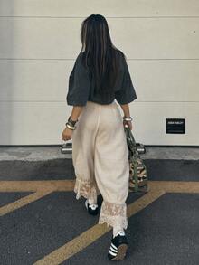 Coolane 女款大尺碼夏秋度假休閒復古優雅街頭風波西米亞套裝，寬鬆抽繩腰長褲搭配蕾絲內褲，白色早午餐穿搭 - 杏色 - 查看 7