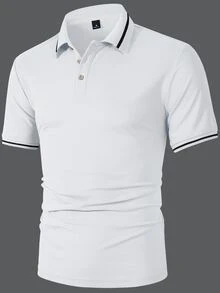 Calvornis 男士休閒百搭拼接飾邊短袖 Polo 衫 - 白色 - 查看 4