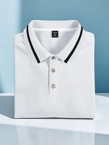 Calvornis 男士休閒百搭拼接飾邊短袖 Polo 衫 - 白色 - 查看 3