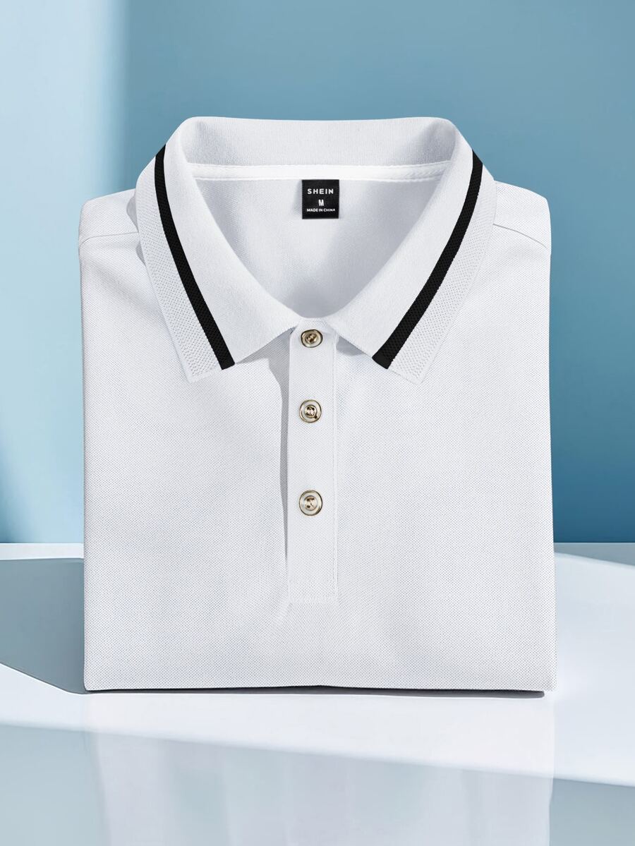 Calvornis Men's Casual Versatile Colorblock Trim Short Sleeve Polo Shirt - White - View 1
