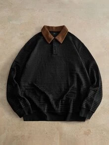 HIMLAND 男士對比色毛絨 Polo 領長袖休閒衛衣 - 黑色 - 查看 3